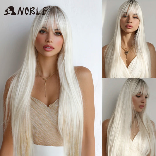 Synthetic Wig with Bangs Long 36 Inch Straight White Wig Ombre Blond Wig Colored Wig Wig for Women Cosplay Wig for Women