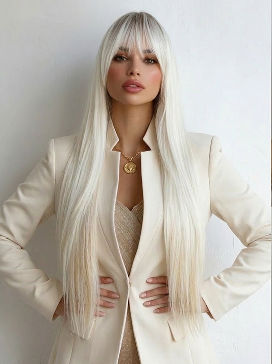 36” Long Straight Ombre Blonde Wig with Bangs (Synthetic)
