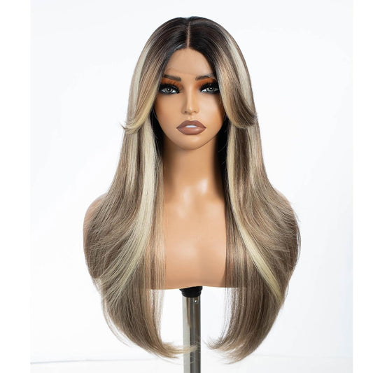 Highlight Ombre Brown Dirty Blonde Layered Wigs with Curtain Bangs, Synthetic Lace Front Wigs with Bangs, Long Straight Middle Part HD Lace Wig with Natural Hairline 26 Inches Wigs for Women